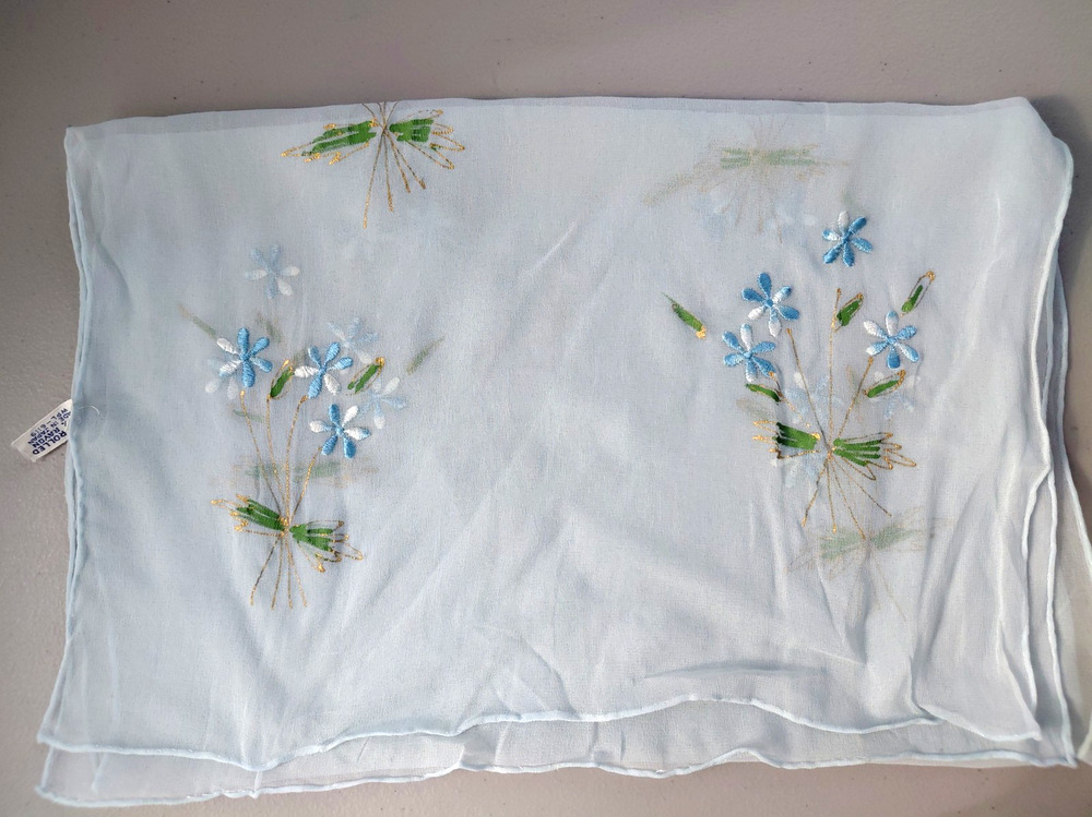 vintage 70s made in Japan nylon hair neck scarf sheer floral 15X40 Baby Blue